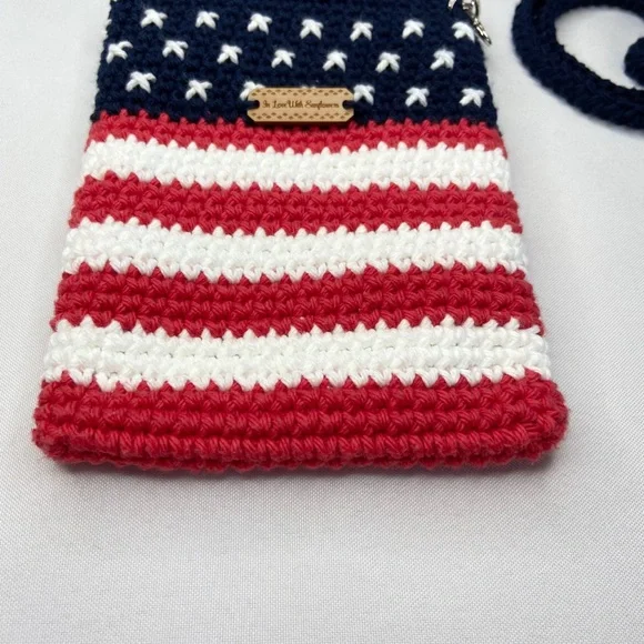 Womens Crossbody Lined Crochet Phone Bag Purse - 4th of July - USA flag - Picture 10 of 11